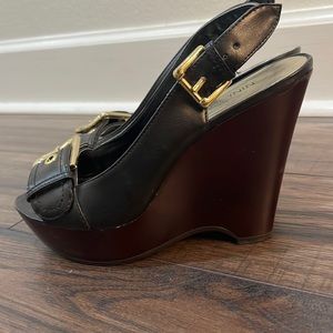 Nine West peep toe wedges with gold buckle size 5.5